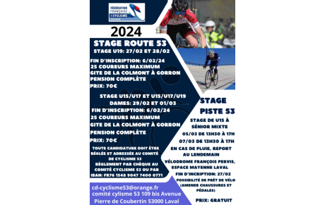 AFFICHE STAGES  53 ROUTE ET PISTE  VACANCES FEVRIER 2024